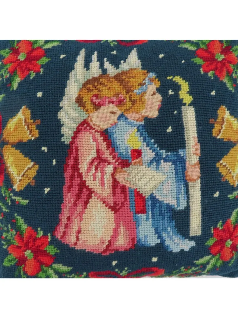 Vintage Needlepoint Praying Angel Children Red Flowers Bow Bells Square Pillow
